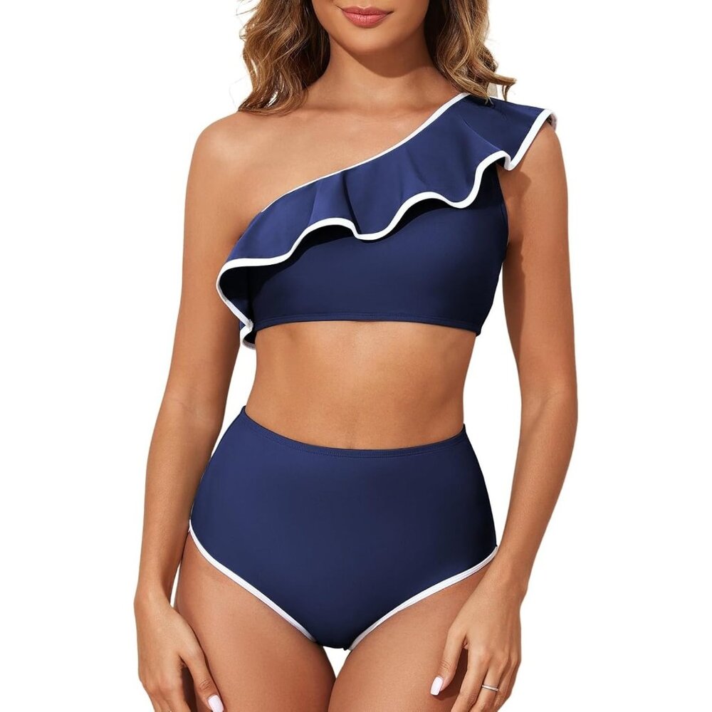 ✨ Women's Blue One Shoulder Bikini Sets Trim Ruffle Hem Swimsuits Bathing Suits